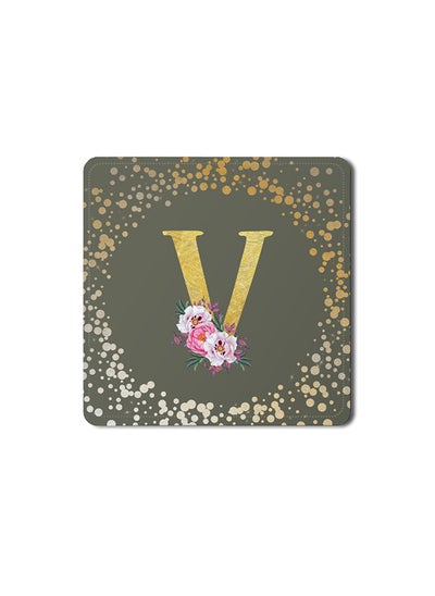 اشتري Designer Leather Coasters Mat for Beverage Drinks- Custom Monogram Initial Letter Floral Pattern Alphabet - V (Olive Green) في الامارات