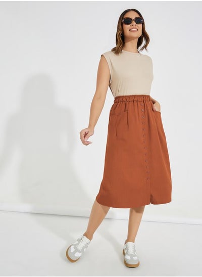 Buy Linen Look Elastic Waistband Midi Skirt in Saudi Arabia