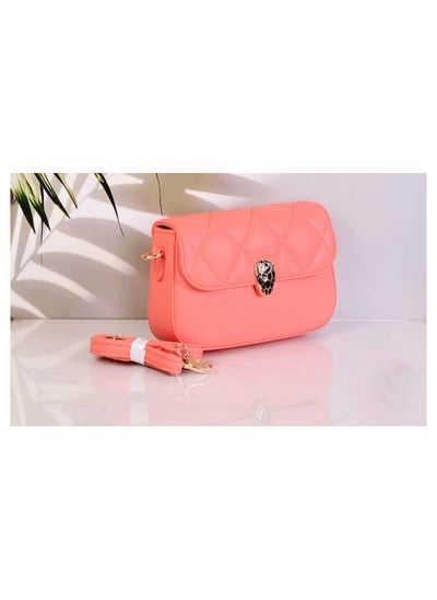 Buy Leather Stitched Cross-Body Bag With Metal Handle Pink in Egypt