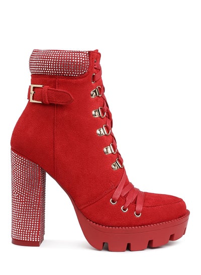 Buy Red Diamante Set Block Heeled Ankle Boot in UAE