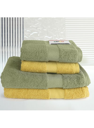 Buy 4 Piece Bathroom Towel Set ACCRA 550 GSM 100% Cotton Terry 2 Bath Towel 70X140 cm & 2 Hand Towel 50x90 cm Green & Yellow Color Soft Feel Super Absorbent in UAE