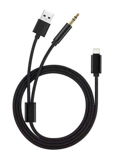 اشتري 2 in 1 Aux and USB Charging Cable Lightning and 3.5mm Audio Headphone Adapter for Apple iOS and Android Nylon Braided Tangle Free Audio Converter and Charge Cable 100cm Black في الامارات