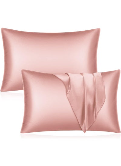 اشتري Satin Silk Pillow Case Cover for Hair and Skin, Soft Breathable Smooth Both Sided Silk Pillow Cover Pair (Queen - 50 x 75cm - 2pcs - Rose Gold) في الامارات