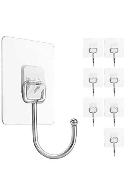 اشتري 8 Pack Large Adhesive Hooks, Waterproof and Rustproof Wall Hooks for Hanging Heavy Duty, Stainless Steel Towel and Coats Hooks to use Inside Kitchen, Bathroom, Home and Office في السعودية