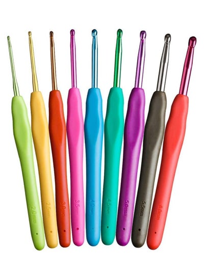 اشتري Crochet Hook Set 9 Pcs Aluminum Soft Grip Rubber Handle Knitting Crochets Needles with Distinguishable Color Stitches Craft Hooks Sewing Tools Sizes 2mm-6mm في الامارات