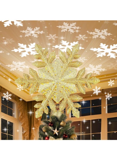 Buy Christmas Tree Topper Lighted with Built-in Led Rotating Snowflake Projector Lights 9.6” Hollowed Tree Topper with Gold Spangles Plug In for Indoor Home Xmas New Year Party Tree Decor in UAE