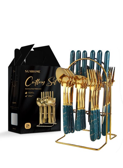 Buy 24-Piece Stainless Steel Cutlery Set With Stand Green in Saudi Arabia