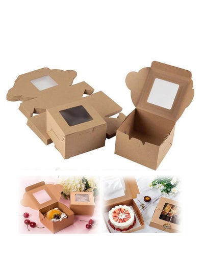 اشتري 10 Pack Bakery Boxes 4x4x2.5 Inches Small Brown Cake Box Small Kraft Cookie Boxes with Window for Cupcakes, Pies, Donuts في الامارات