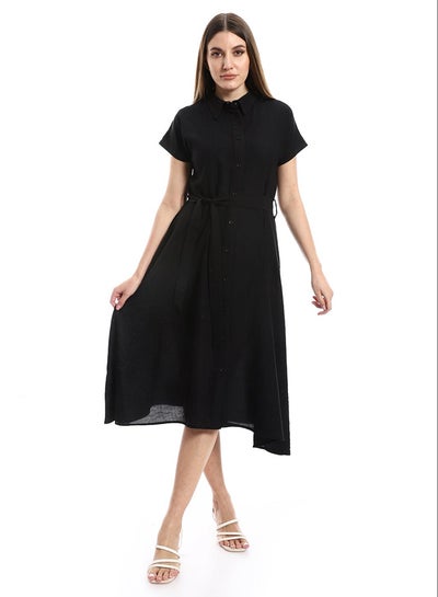 اشتري Knees Length Cap Sleeves Textured Dress - Black_Black في مصر