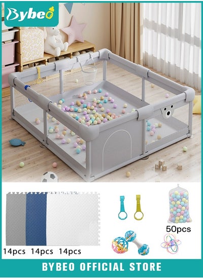 اشتري Baby Playpen Fence with Playmat, Sturdy Playard for Toddler, Infant Indoor & Outdoor Kids Activity Center With 50 PCS Ocean Balls and 3 Toys, 180*200CM في السعودية