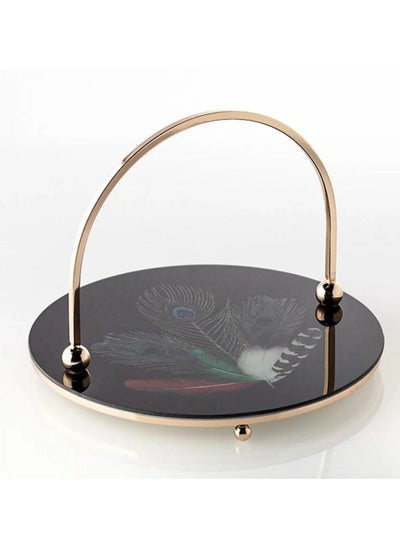 Buy glass serving tray with golden metal hand 25 cm in Saudi Arabia