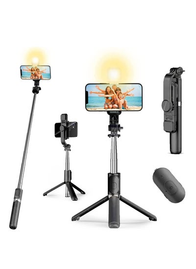 اشتري "4-in-1 Lighted Selfie Stick with Tripod - Bluetooth Remote, 3 Light Modes, 6 Brightness Levels, 360° Rotation, Portable Floor/Desk Tripod for iPhones & Android (Black)" في الامارات