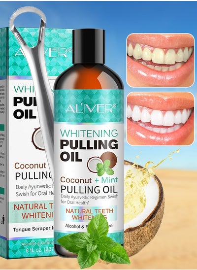 اشتري 237 ml Coconut Oil Pulling Mouthwash with Coconut and Peppermint Oil Ayurvedic Mouthwash for Fresh Breath Teeth Whitening Mint Pulling Mouthwash Natural Essential Oil Mouthwash with Tongue Scraper في الامارات