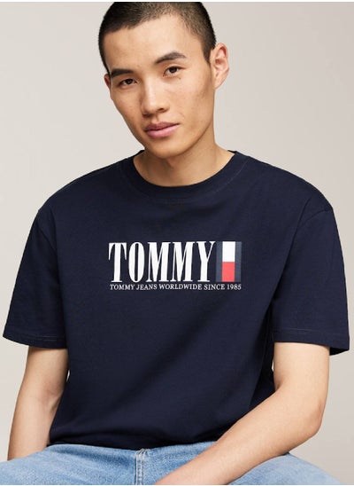 Buy Men's Tommy Flag Logo Crew Neck T-Shirt -  Pure cotton, Blue in Saudi Arabia