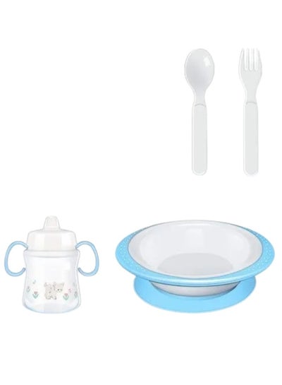 Buy Baby feeding set 4 in 1, children’s tableware, plate, spoon, fork, and water or milk bottle, a complete set of four-piece baby feeding tools in Egypt