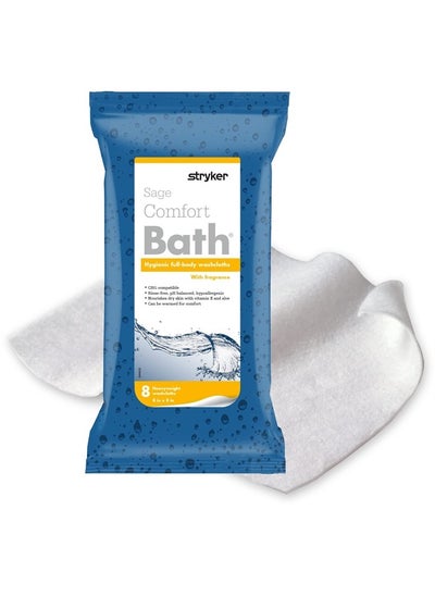 Buy Stryker - Sage Comfort Bath Cleansing Washcloths - 1 Package, 8 Cloths - Fresh Scent, No-Rinse Bathing Wipes, Ultra-Soft and Heavy Weight Cloth, Hypoallergenic in UAE