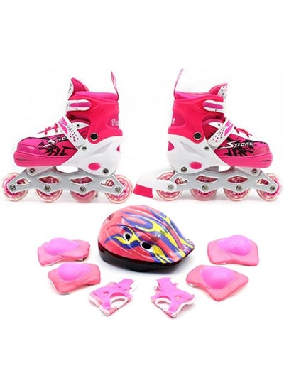 اشتري Inline Skates Adjustable Size Roller Skates with Flashing Wheels for Outdoor Indoor Children Skate Shoes Including Full Protective Gear Set Pink Colour في الامارات