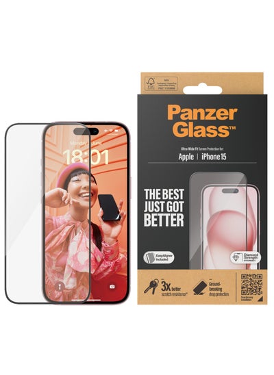 اشتري PanzerGlass™ Scratch-Resistant Screen Protector for Apple iPhone 15 - Ultra-Wide Fit and Crystal Clear Display, Shock-Resistance and Drop Protection with mounting aid for easy installation في الامارات