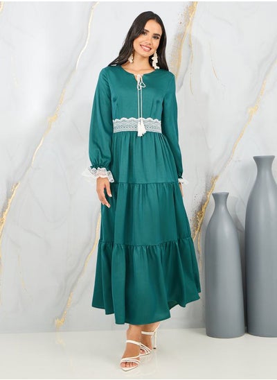 Buy Lace Detail Tie Up Neck Tiered Maxi Dress in Saudi Arabia