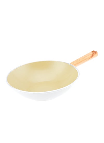 Buy Swiss Crystal High Quality Ceramic Coating Non-Stick Wok Pan - 28cm - Natural Wood Handle - Beige in UAE