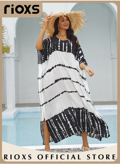 Buy Women's Loose Cold Shoulder Beach Robe Bikini Swimsuit Maxi Dress Short Sleeve Plus Size Long Swimsuit Cover Ups in UAE