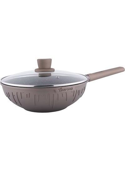 Buy Non Stick Aluminum Wok With Glass Lid Size 28X9.5Cm Color Gold in Saudi Arabia