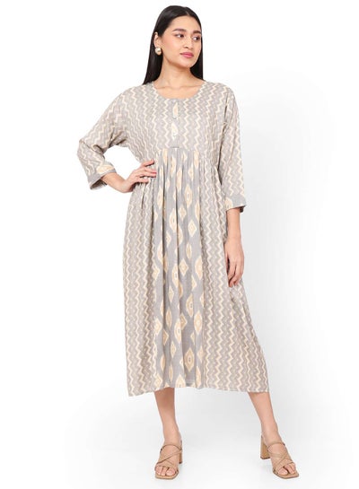 اشتري FRONT STYLED BUTTONED SOFT VISCOSE PRINTED GREY COLOUR SHORT ARABIC KAFTAN JALABIYA DRESS في السعودية