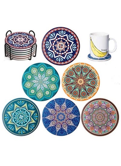 Buy 6 Pcs Mandala Drink Coaster Set With Holder, Absorbent Ceramic Coasters With Cork Base, Prevent Furniture From Dirty And Scratched, Suitable for All Drinking Cups and Mugs in UAE