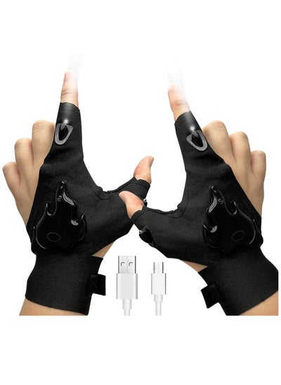 اشتري LED Flashlight Gloves, Gift for Men Dad, Rechargeable Hands Free Light Gloves, Stretchy Finger less Gloves, Gadgets Gifts for Handyman, Tactical Hands Free Gadgets for Fishing, Camping, Car Repair في السعودية