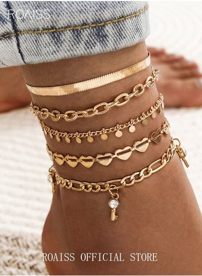 Buy 5pcs Heart Decor Anklet Adjustable Boho Foot Chain Diamond Fashion Bracelets Jewelry for Women and Girls Gold in UAE