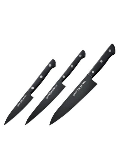 Buy Samura Shadow Set Of 3 Kitchen Knives: Chef'S Knife Utility Knife Paring Knife With Black Non-Stick Coating in UAE