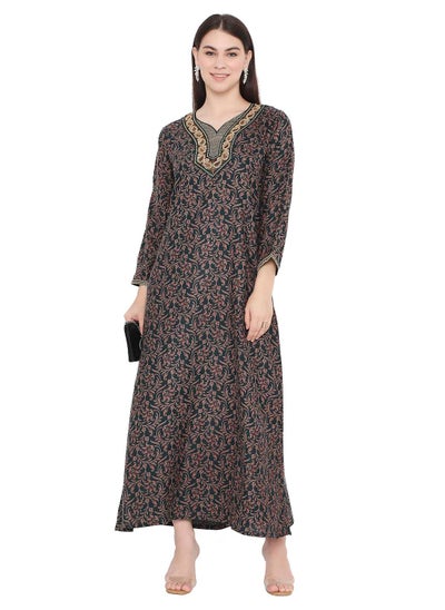 Buy LONG VISCOSE PRINTED FRONT NECK EMBROIDERY ARABIC KAFTAN JALABIYA DRESS in Saudi Arabia