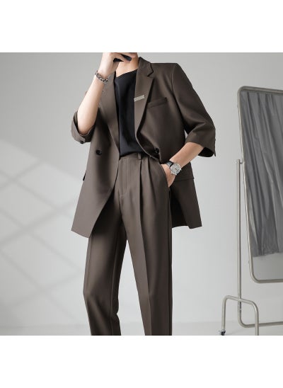 Buy Stylish Summer Mens 7/8 Sleeve Suit Brown [suit + pants] in UAE