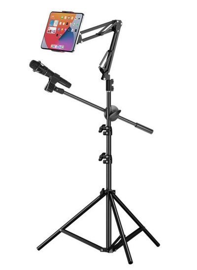 Buy Microphone Stand - Foldable Floor Microphone Stand with Phone Clip, Heavy Duty Tripod Arm for Singing Karaoke Stage in Saudi Arabia