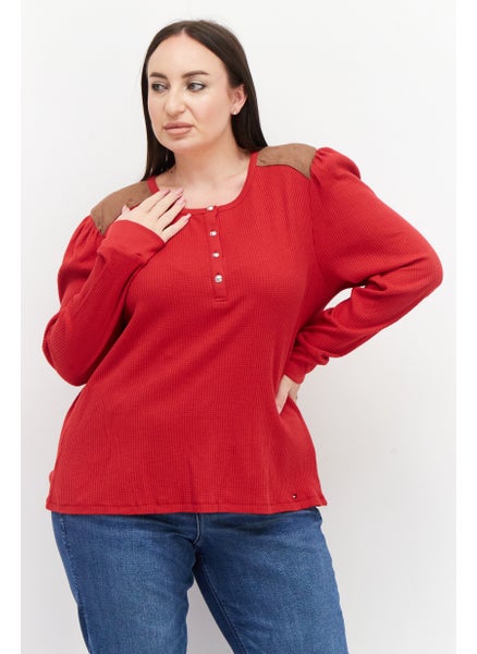 اشتري Women Crew Neck Long Sleeves Ribbed Top, Red/Tan في الامارات