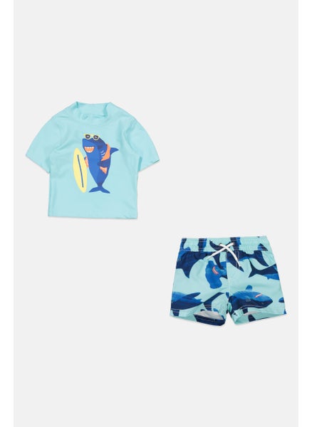 Buy Toddlers Boy 2 Pcs Graphic Print Tee And Short Rashguard Set, Blue Combo in UAE