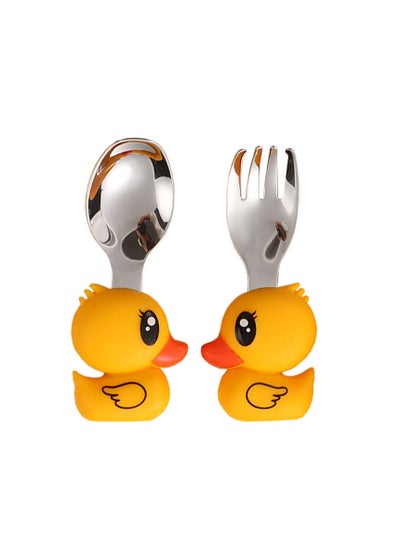 Buy Little Yellow Duck 2-Piece Cutlery Set - Reusable Children's Fork and Spoon, Child Size, Made of Food Safe Stainless Steel Metal and Silicone - Suitable for 12 Months and Above in UAE