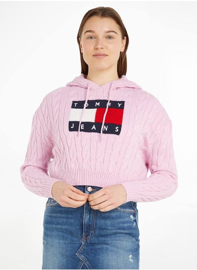 Buy Women's Cropped Cable Knit Flag Badge Hoody Sweater, Pink in UAE