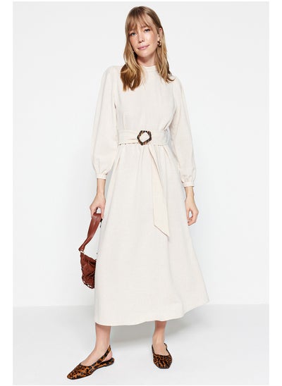 Buy Ecru Belted High Neck Linen Look Woven Dress TCTSS23EB00018 in Egypt