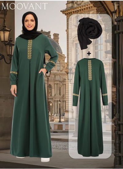 اشتري 2-Piece Women's Muslim Abaya Dress Long-Sleeved Dress Zipper Islamic Robe Pockets Maxi Prayer Clothes with Hijabs Green في السعودية