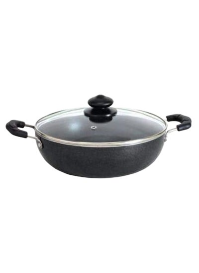 اشتري Non-Stick Kadai Flat Bottom With Glass Lid 3 Layer Coating 3mm thick, 24cm في الامارات