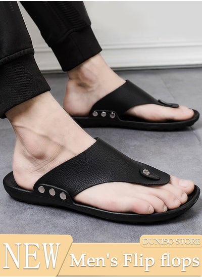 اشتري Men's Flip Flops Fashion Leather Beach Slipper Non-slip Breathable Flat Slipper Open Toe Soft Slippers House Slide Sandal for Beach Spa Bath Pool Gym في السعودية