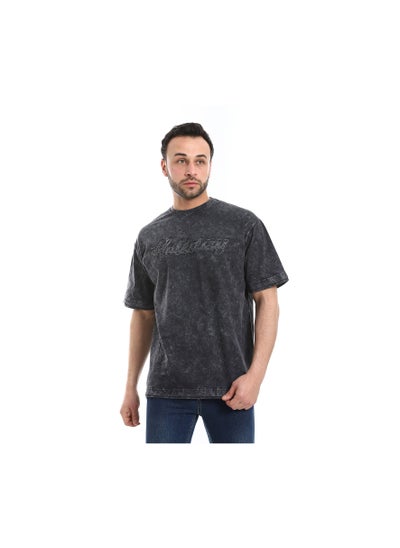 Buy "Moon" Pattern Slip On Stone Wash T-Shirt - Dark Grey in Egypt