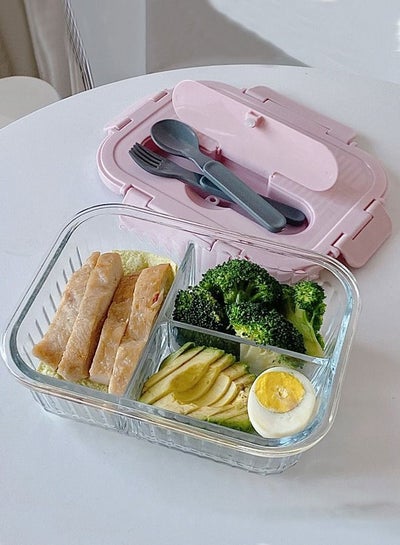 اشتري Leak-proof Glass Storage Containers with Airtight Seal 3 Compartment Glass Meal Prep Lunch Box 1L Bento Box for Women Girl Pink في الامارات