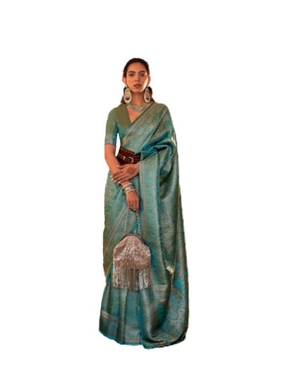 اشتري Turquoise Blue Silk Thread And Golden Zari Weaving Saree With Unstitched Blouse في الامارات