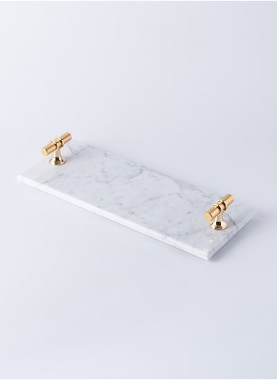 Buy Rectangular Marble Tray with T Shaped Golden Handles White in UAE