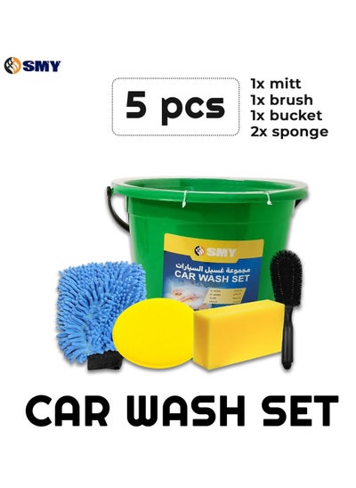 اشتري 5 Pcs Car Washing Set: Car Cleaning Kit with Brush, Glove, Sponge, and Bucket - SMY في السعودية