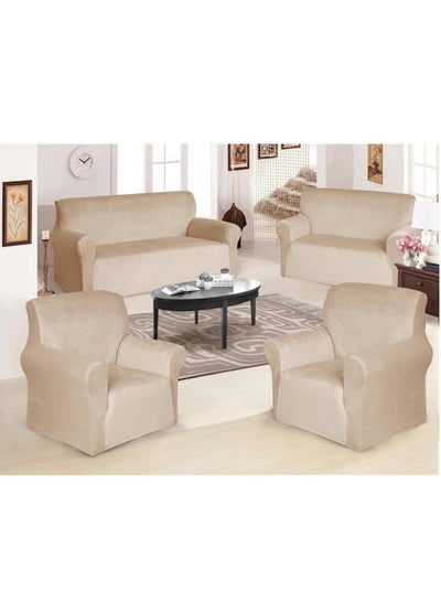 Buy Velvet non-slip Super Stretchable Sofa Covers Set for Seven Seats of 4 Pieces in Beige in Saudi Arabia