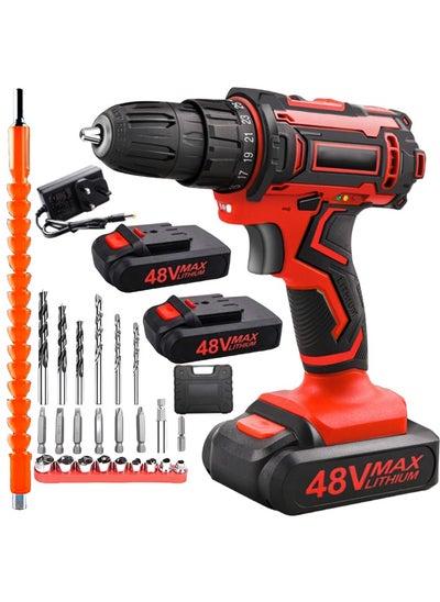 Buy Cordless Electric Drill Kit 48V Electric Drill with 2 Batteries Rechargeable Driver 1500 RPM Speed 24 Accessories Perfect for Metal Wood and Wall in Saudi Arabia