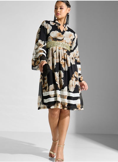 Buy High Neck Floral Printed Pleated Dress in UAE